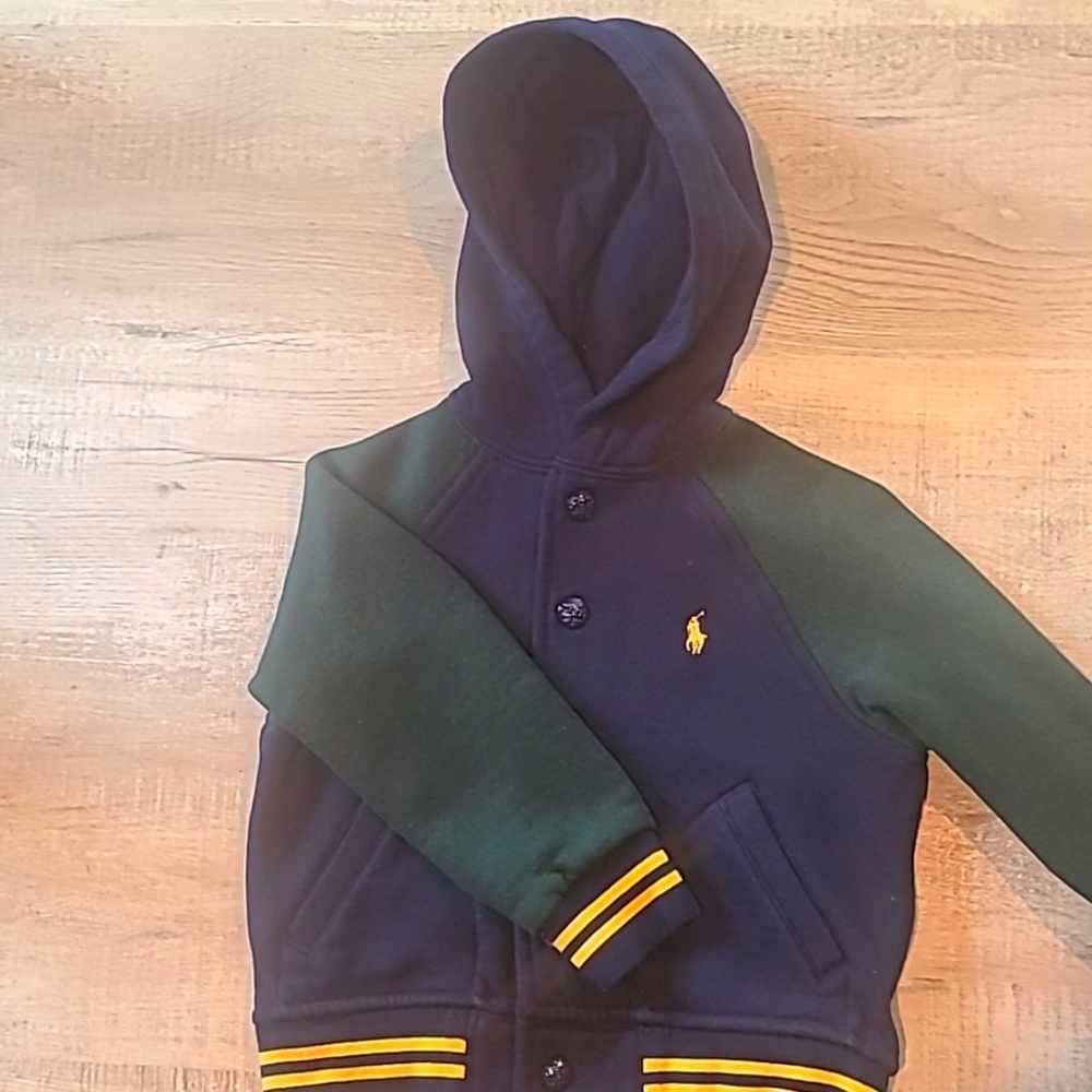 Polo Ralph Lauren Boys Fleece Hooded Baseball Jacket Size 2T Navy and Green